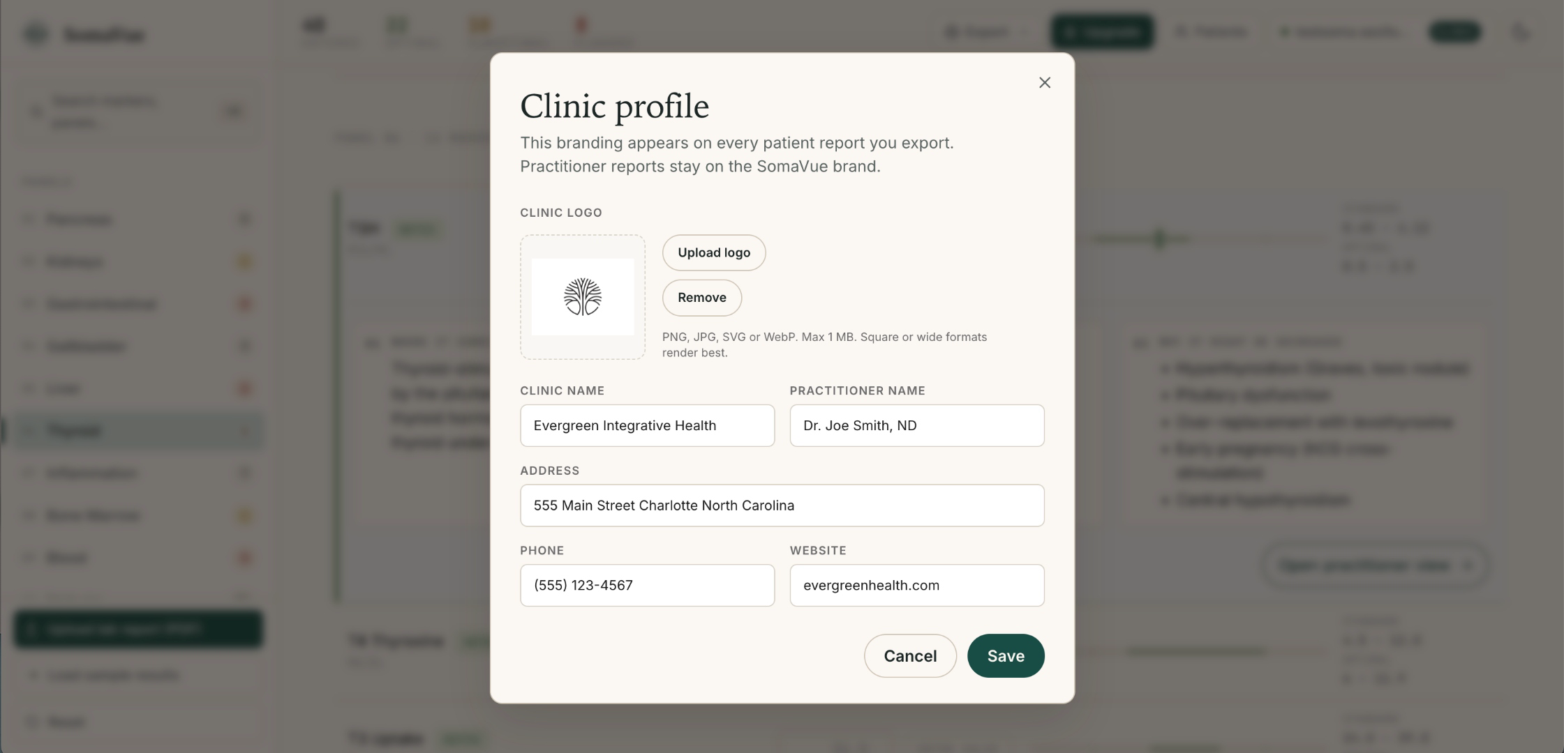 Clinic profile dialog with logo upload, clinic name, practitioner details and patient PDF branding fields.